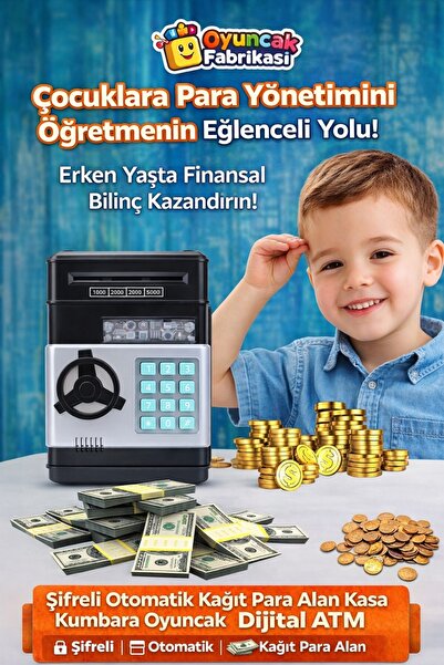 Oyuncak Fabrikası Şifreli ATM Kasa Kumbara Dijital Para Kasası Otomatik Kağıt...