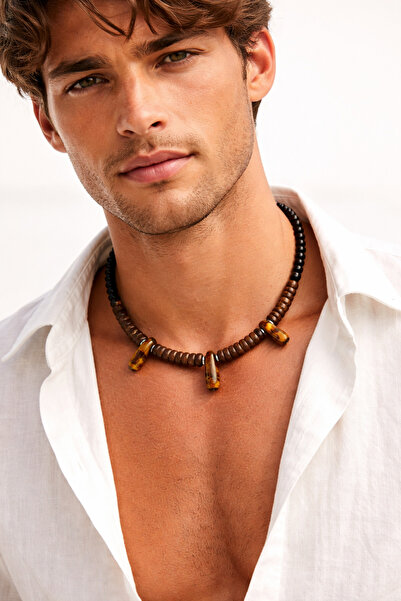 magıcgrange Men's Authentic Necklace Natural Stone Bead Necklace Tiger's Eye ...
