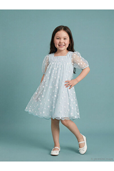 LC Waikiki Nevavm Square Collar Daisy Printed Girls' Tulle Dress with a Diffe...