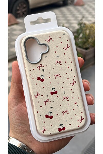 EDELFU iPhone 17 Compatible - Cream Serrated Silicone Cover Red Cherry Printe...
