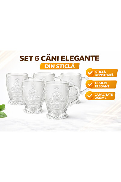 OEM Set 6 Căni Sticlă TAJ 250ML – Pahare Cafea Elegante cu Model Coroană, Rez...