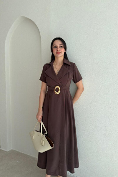 MOZENA Double-Breasted Collar Belted Tencel Fabric Midi Dress