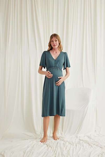 Marsilyan Ieg Lace Front Buttoned Hale Maternity Viscose Nightgown Ilkel-Mdgy...