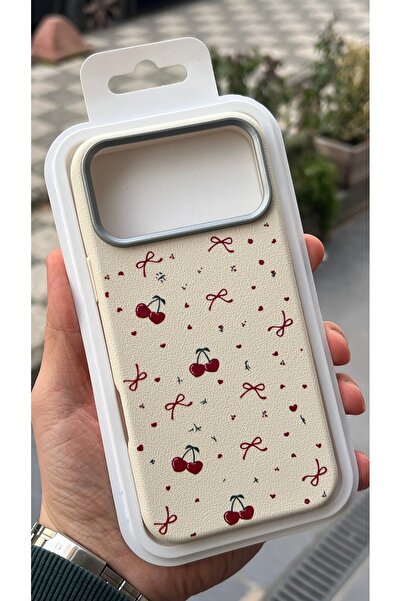 EDELFU iPhone 17 Pro Max Compatible - Cream Serrated Silicone Cover Red Cherr...