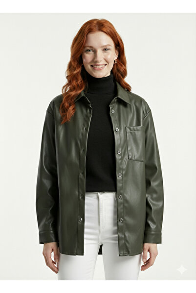 Neden Tekstil Women's Oversize Faux Leather Khaki Jacket