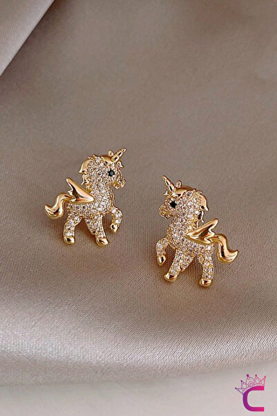 Cinderella Accessories Sevimli Unicorn Zirkon Taşlı Gold Paslanmaz Çinko Alaş...