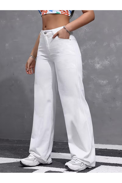 LAYAL MY BEAUTY Kadın Palazzo Salaş Rahat Kesim Likralı Yüksek Bel Jeans Kot ...