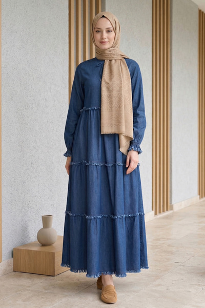 FERHEL Hijab Collar, Tie-Cuff, Drawstring Long Denim Dress - Indigo