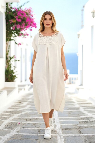 bacc Linen Dress with Lace Detail and Moon Sleeve