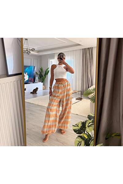 LOKADI Orange Striped Plaid Patterned Linen Blend Oversized Shalwar Trousers ...