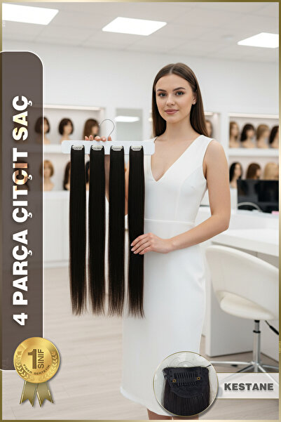 KONAK PERUK Fiber Sentetik Düz 4 Parça Çıt Çıt - Kestane