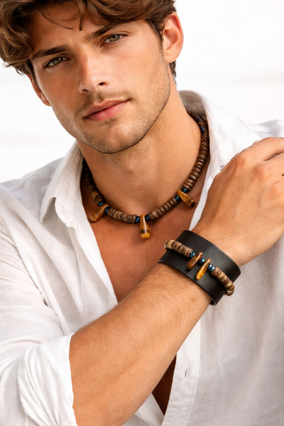 magıcgrange Men's Authentic Necklace Natural Stone Bead Necklace Tiger's Eye ...