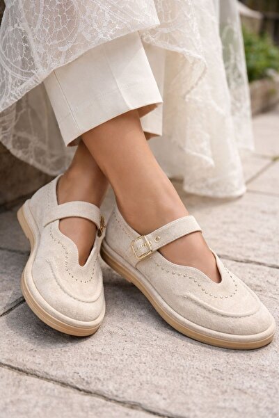 Daloğlu Beige Suede Buckle-Fastened Women's Flat Daily Shoes