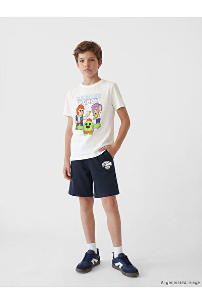 LC Waikiki White Crew Neck Brawl Stars Boys' T-Shirt and Shorts