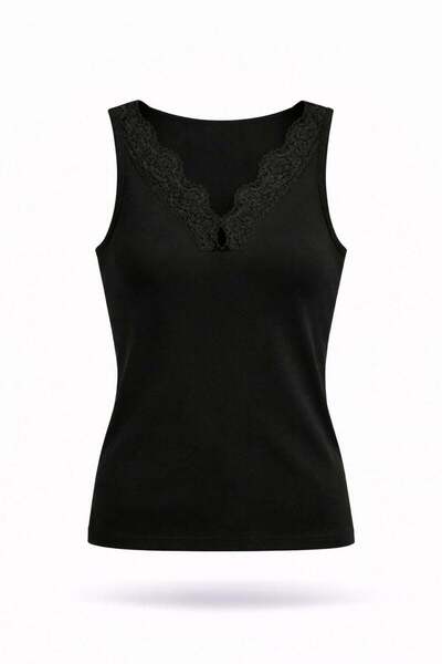 5in1Canpolat Μαύρο Δαντελένιο Λεπτομερές Κοντό Μπλουζάκι 26288