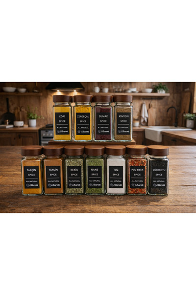 INTEREV 12'li Akasya Kapaklı Kare Cam Baharatlık takımı / 16 Adet Etiket Hedi...
