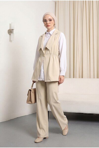 Modamorfo Double-breasted collar elastic waist vest pants modal set -beige