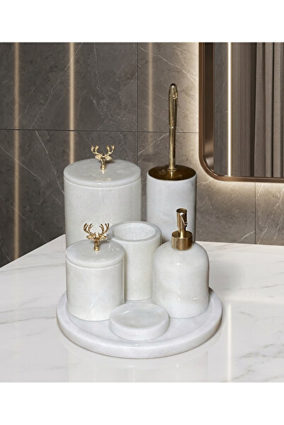 mermer home dekorasyon geyik model aksesuarlı 7 li beyaz mermer banyo seti