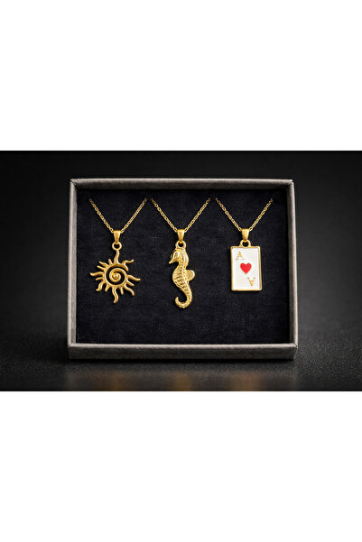 Selvica Güneş-Deniz Atı-As Altın Renk Kolye Seti (KUTU İLE GÖNDERİLİR)