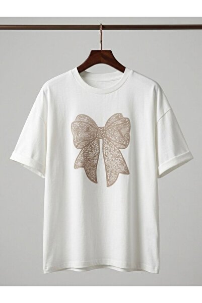 SİBELİZE Women's White Oversize Bow Print Detailed Kpmpak T-Shirt