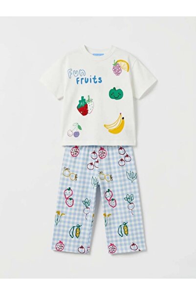 Magu Girl's Cotton Ecru Fruit Printed T-Shirt and Sweatpants Set