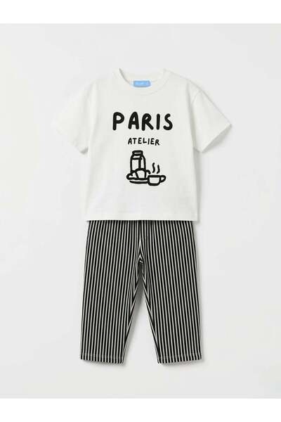 Magu Unisex Kids Cotton Ecru Printed T-Shirt Striped Tracksuit Set - Black an...