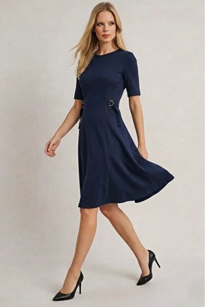 Cool & Sexy Women's Waist Buckle Detail Modal Fabric Mid-Length Dress Navy Blue