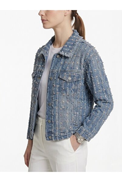 Rabiossa Women's Multi-Colored Stone Embellished Distressed Denim Jacket