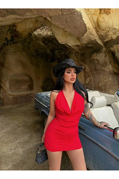 Cool & Sexy Red Draped Halter Neck Mini Dress – Stylish Bodycon Evening Gown