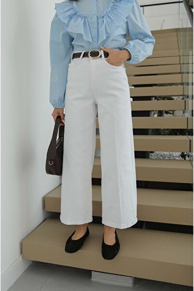 Havoş Blugi albi tip culotte cu talie înaltă și curea