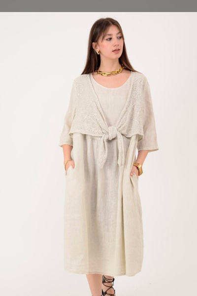 AYASOFYA OTANTIK Γυναικείο Ιταλικό Φόρεμα Μίντι με Κεντημένες Παγιέτες και Κρ...