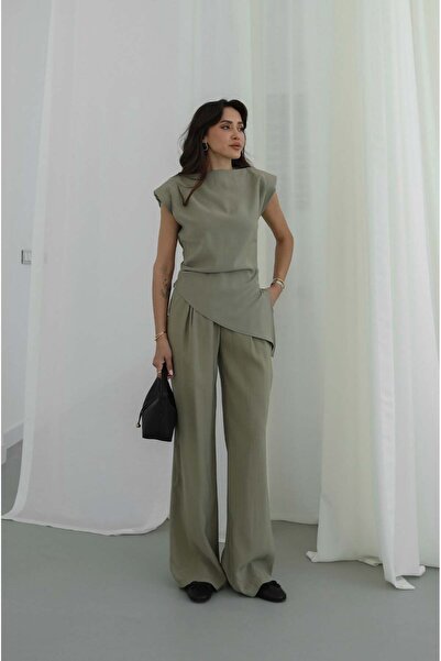 Havoş Set pantaloni și bluză asimetrică căptușită Haki Backo