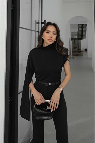 Havoş Bluză neagră cu un singur mânecă și guler înalt, cu detalii tip șal