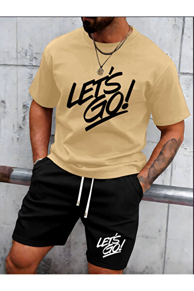 MİDAD Go Printed Cotton Fabric Men's White T-Shirt-Black Shorts Set