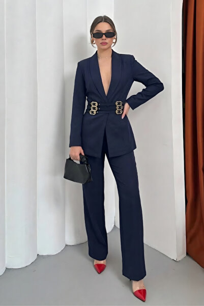 AKD Atelier Set de damă din două piese, elegant, cu centură aurie, sacou căpt...