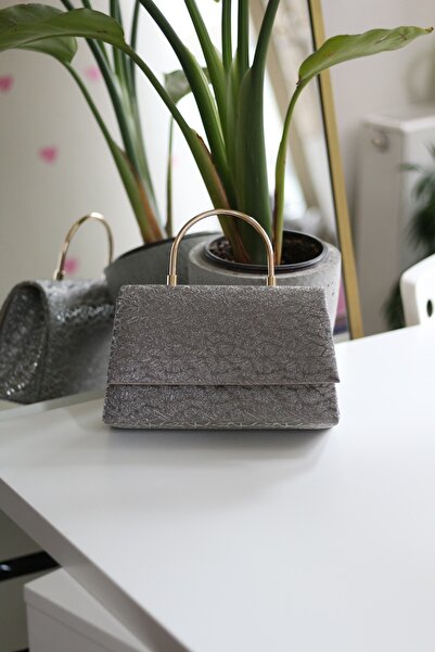 Moom Bag Women's Platinum Leaf Patterned Metal Handle Detailed Shoulder Bag