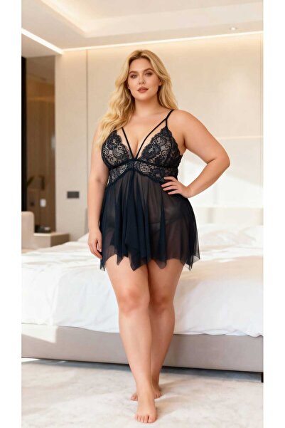 Viselya Large Size Lace Slit Strap Tulle Nightgown String Set