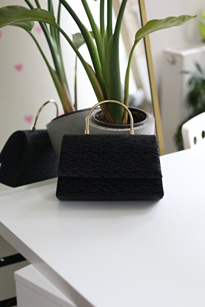 Moom Bag Women's Black Leaf Patterned Metal Handle Detailed Shoulder Bag