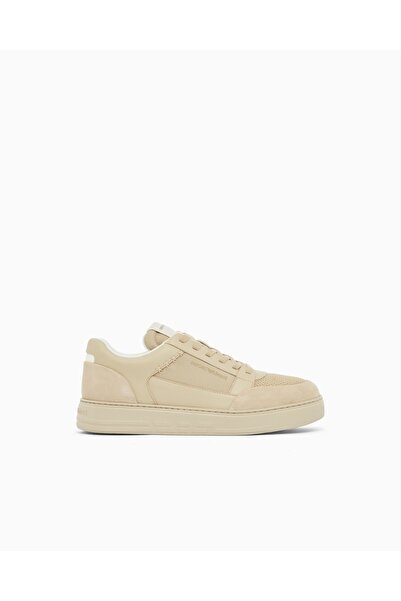 Emporio Armani Men's Suede and Mesh Details Lace-Up Rubber Sole Beige Sneaker...