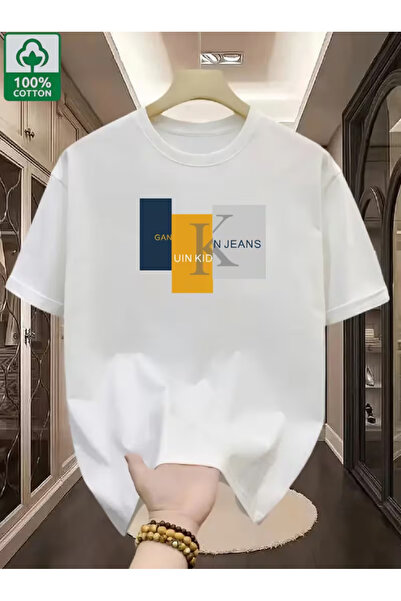 LİNA06 Men's 100% Cotton Short-Sleeve T-Shirt with GeometricNeck Casual Shirt