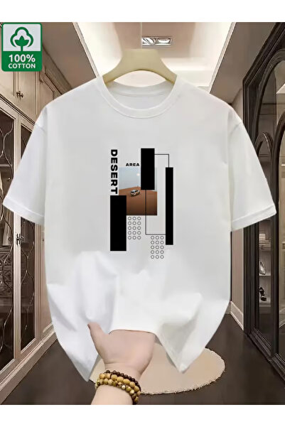 LİNA06 Geometric Design Print Short Sleeve T-Shirt, Comfortable And Breathabl...