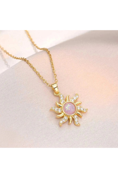 naaksesuar Gold Pembe Taşlı Çelik Güneş Kolye