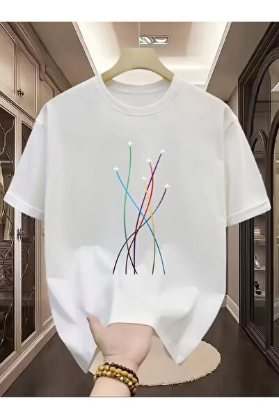 LİNA06 Colorful Airplane Print Pure Cotton Short-sleeved T-shirt