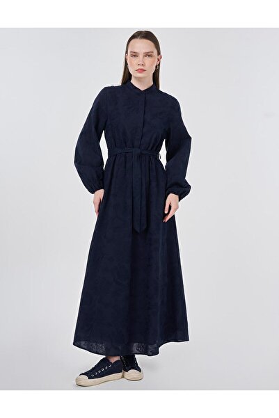 Kayra %100 Pamuklu Nakış İşlemeli Elbise Koyu Lacivert