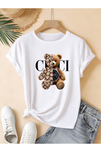 LİNA06 Plus Size, Big Size Women Round Neck Short Sleeve T Shirt Bear with Wa...