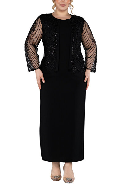 Arden Büyük Beden Abiye Elbise | Payetli, Ceket Görünümlü Uzun Kol Siyah Laci...