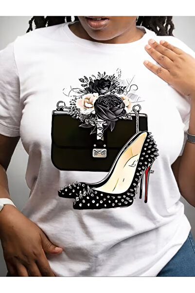 LİNA06 High Heel Print Crew Neck T-Shirt, Casual Short Sleeve T-Shirt For Spr...