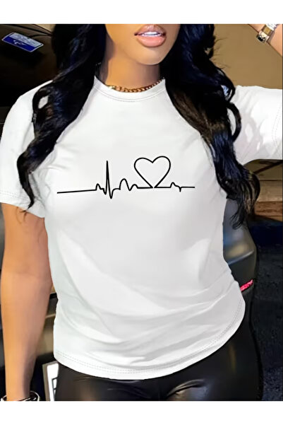LİNA06 Women's Casual Short Sleeve T-Shirt with Heartbeat Line & Heart Graphi...