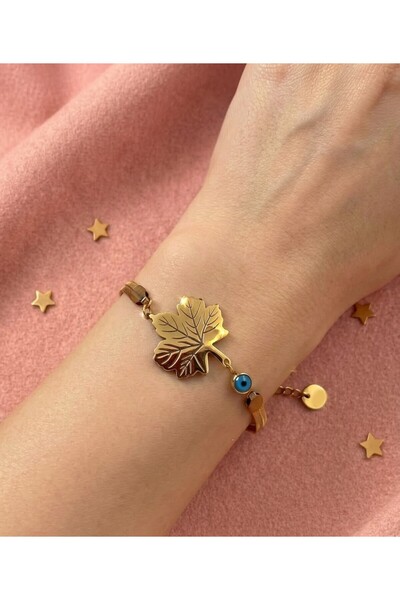 zahnaccessories Kadın 316L Çelik Gold Çınar Yaprağı Bileklik - Nazar Boncuklu...