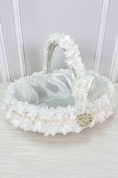 ZEYMERADE White Bridal Basket, Decorated with Velvet, Pearls, Shiny Stones an...